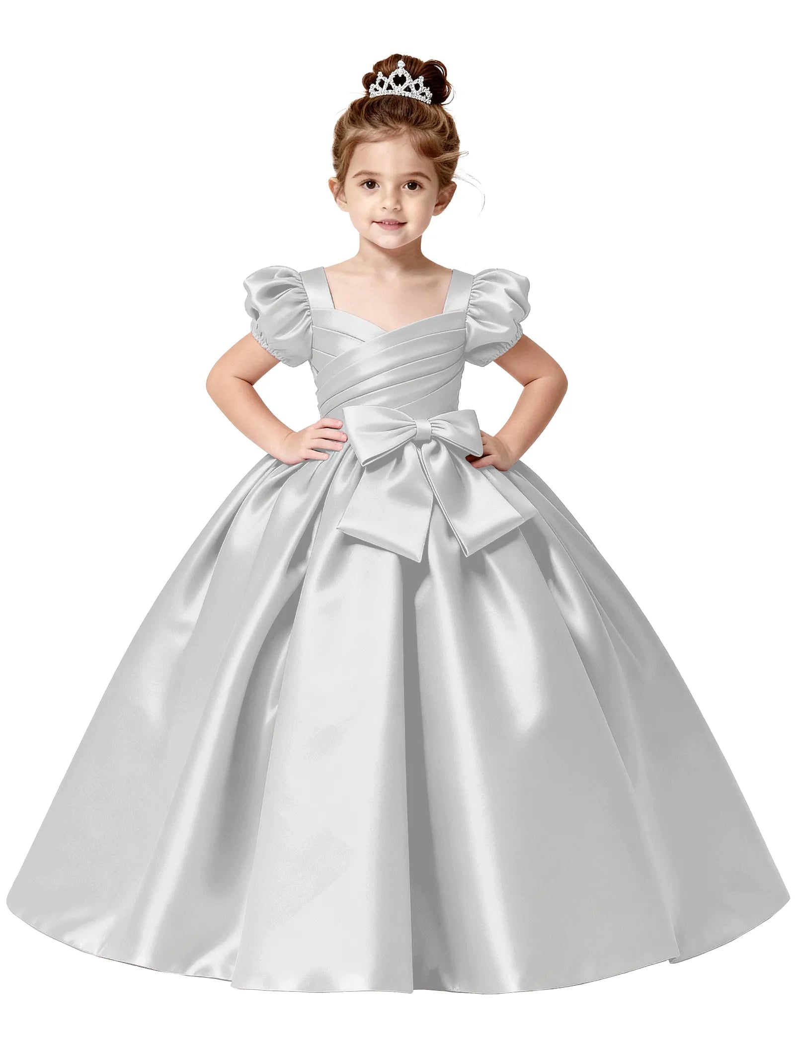 Royal Satin Puff Sleeve Flower Girl Gown