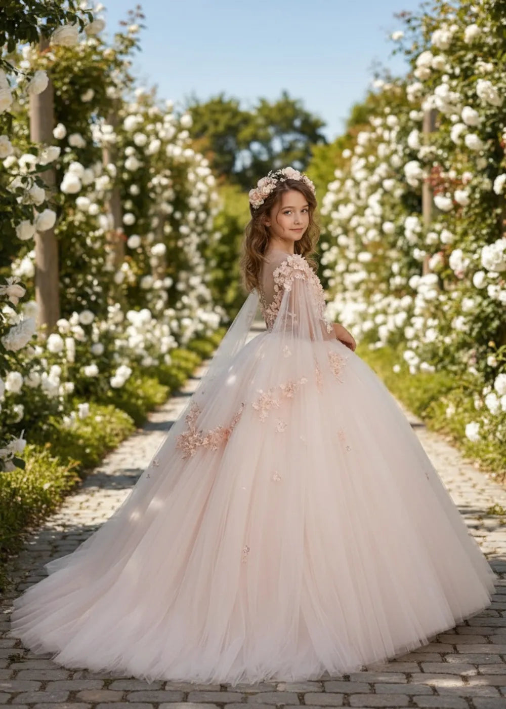 Dreamy Petal Cape Tulle Wedding Gown for Girls