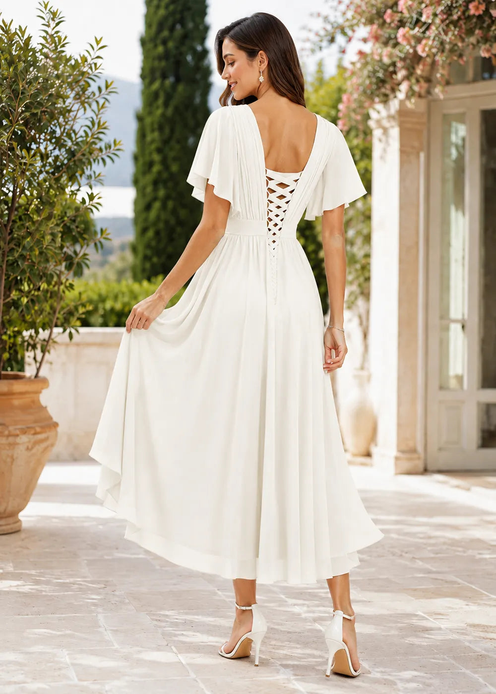 Flutter Sleeve A-Line Chiffon Midi Dress