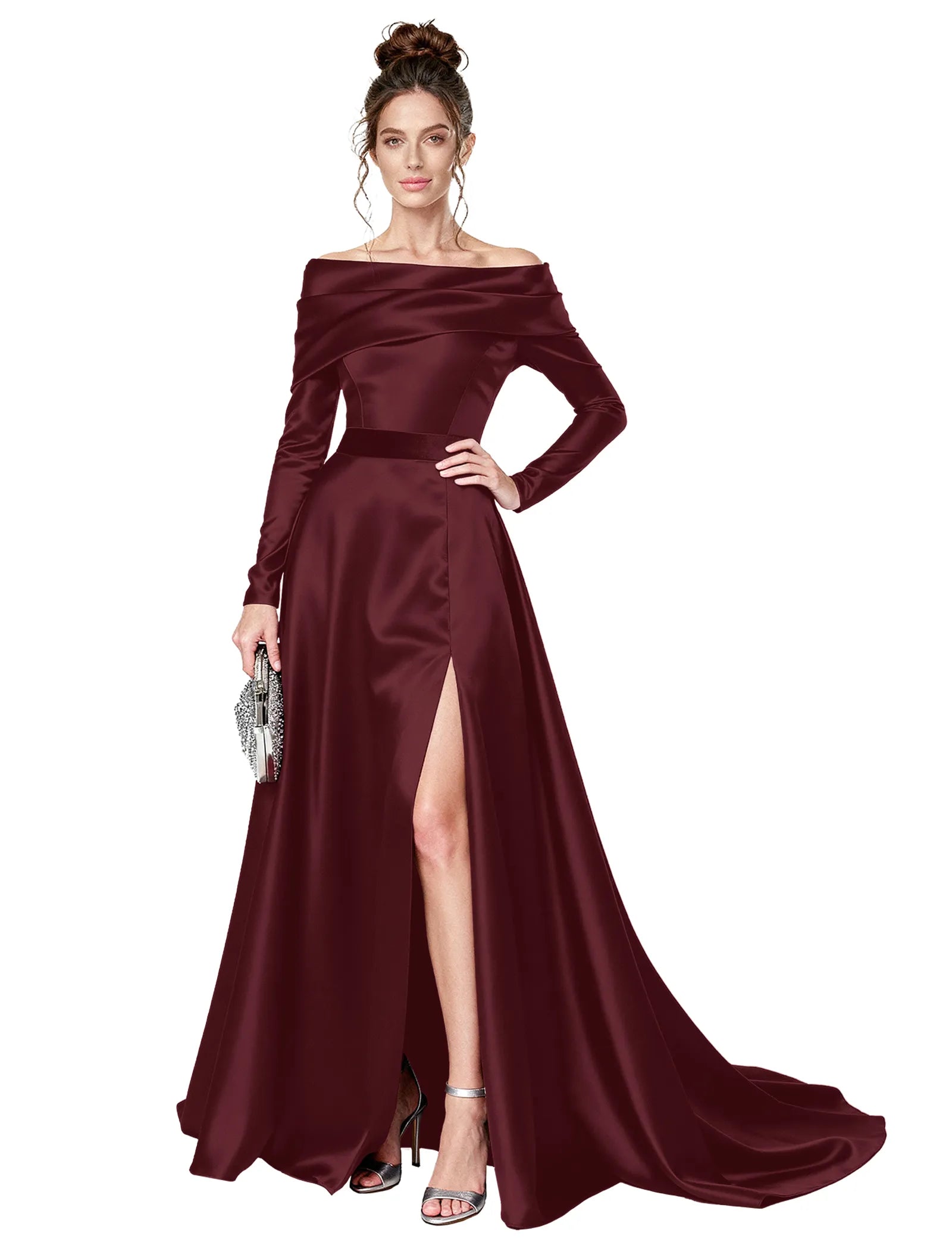 Off Shoulder Satin Formal Dress with Long Sleeves