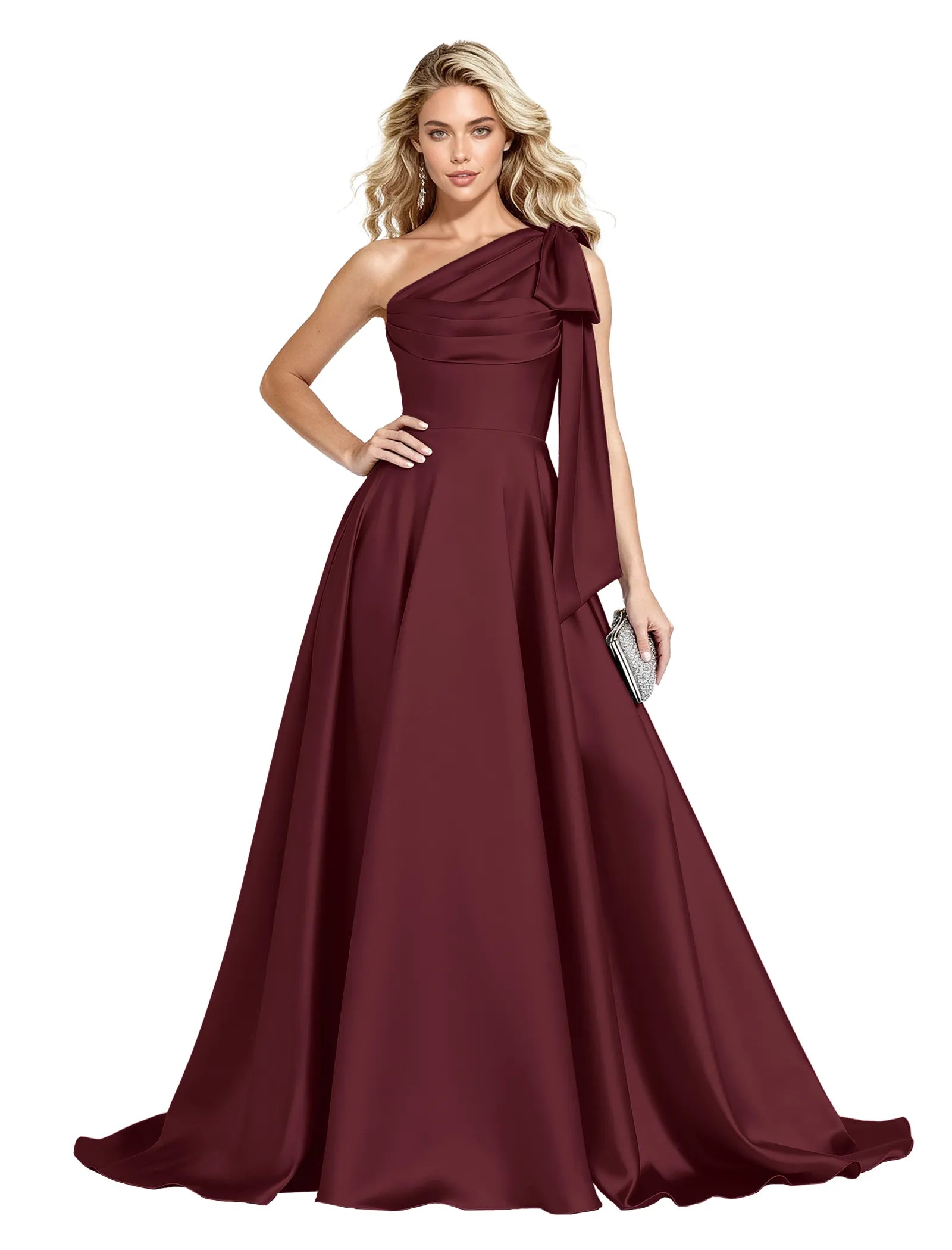 One Shoulder Satin Formal Dress with Bow Back