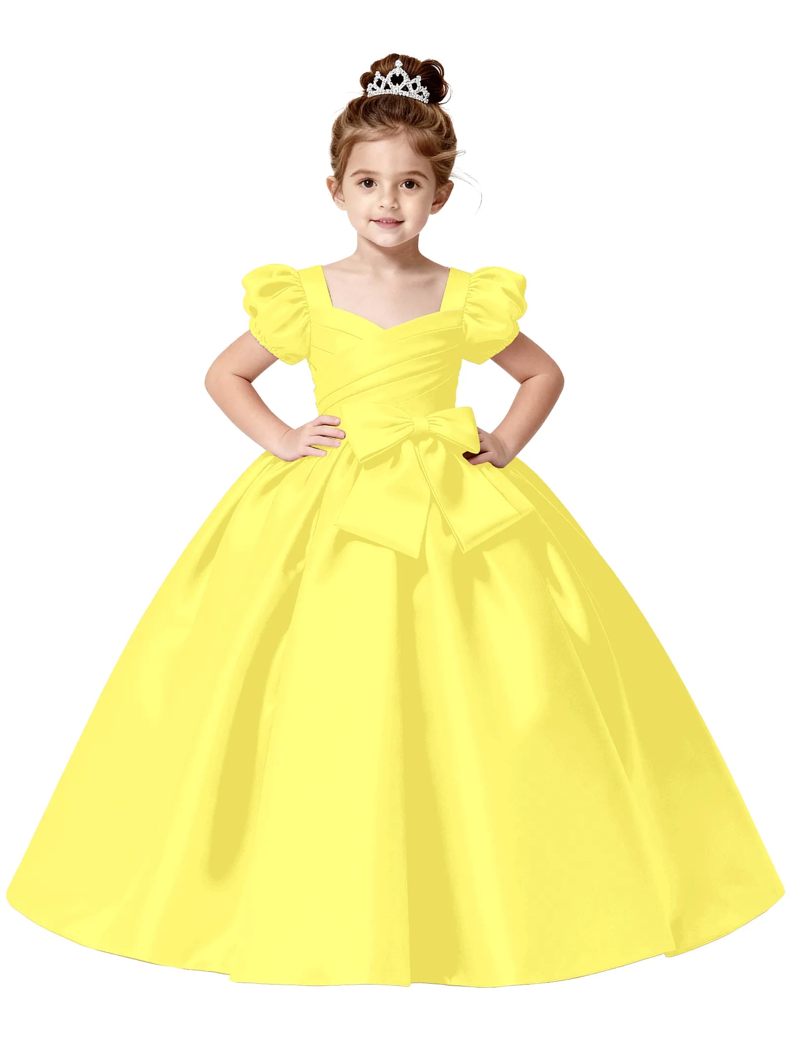Royal Satin Puff Sleeve Flower Girl Gown