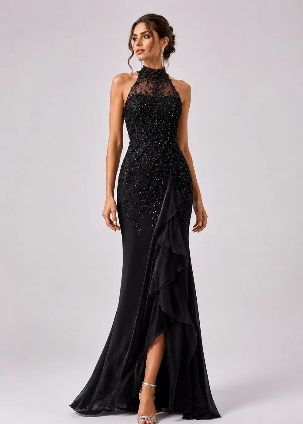 High-Neck Embellished Ruffle Formal Gown