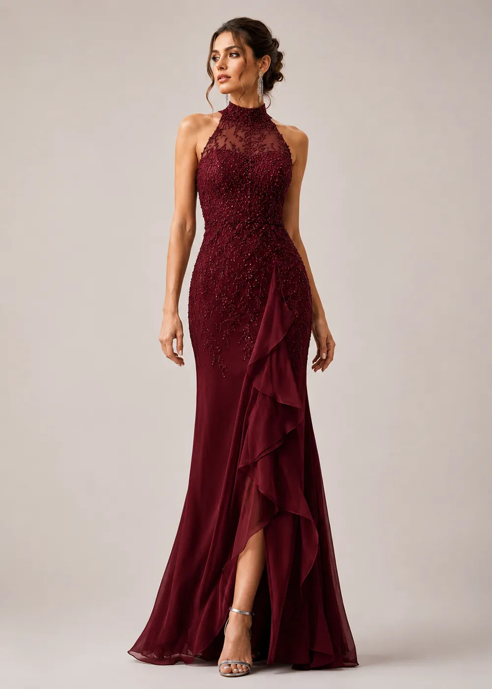High-Neck Embellished Ruffle Formal Gown