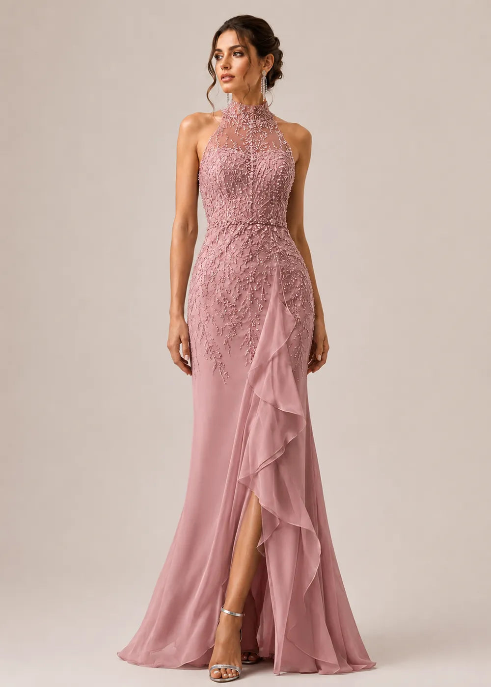 High-Neck Embellished Ruffle Formal Gown