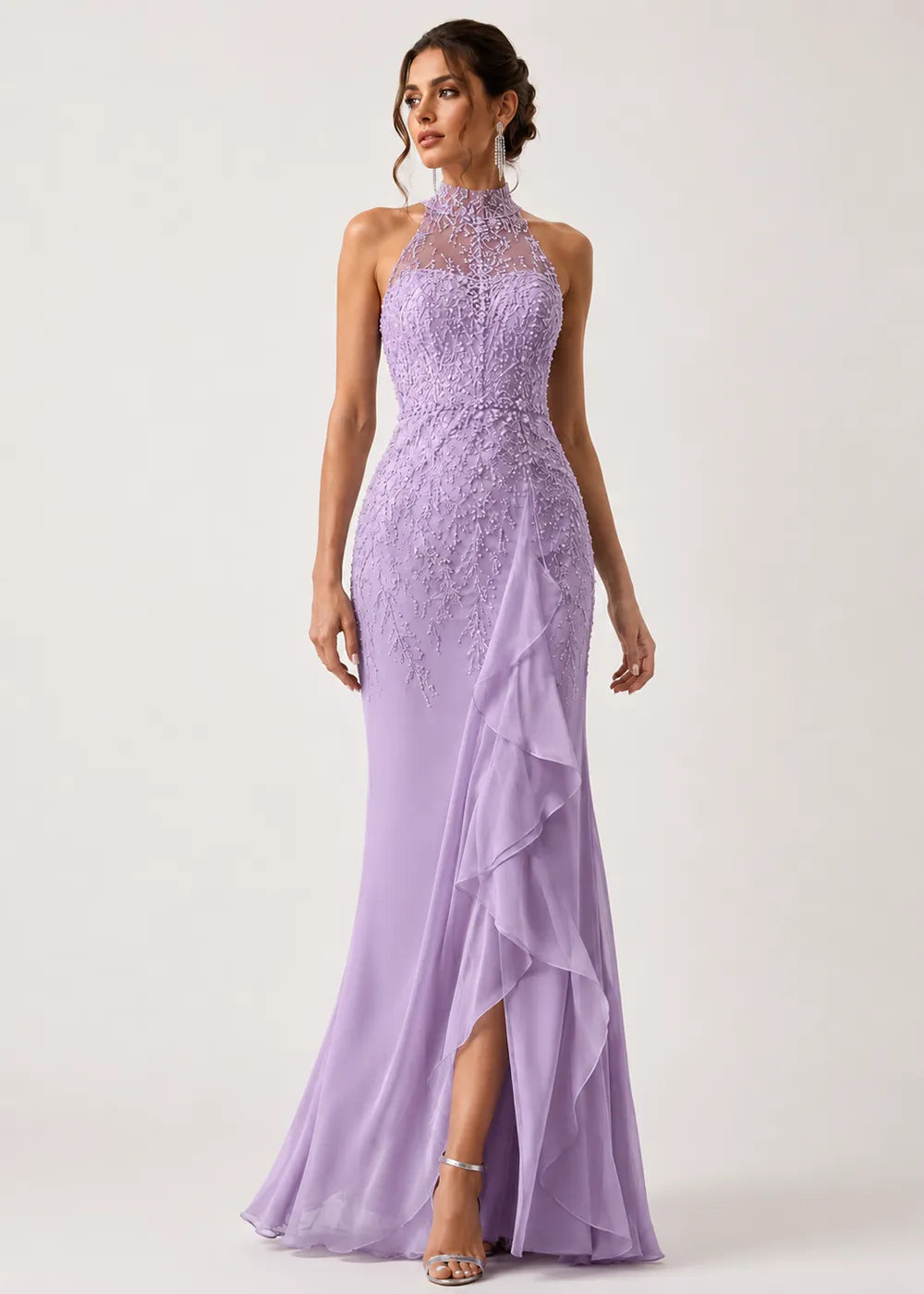 High-Neck Embellished Ruffle Formal Gown