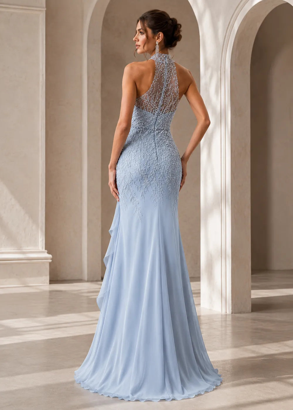 High-Neck Embellished Ruffle Formal Gown