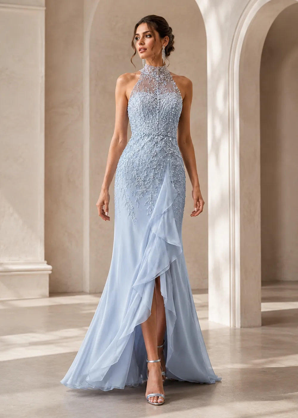 High-Neck Embellished Ruffle Formal Gown