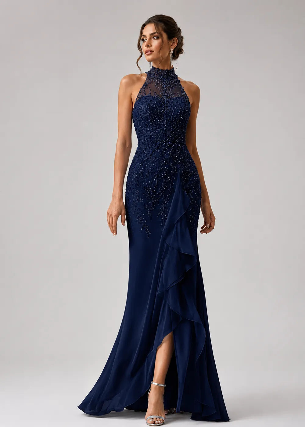 High-Neck Embellished Ruffle Formal Gown