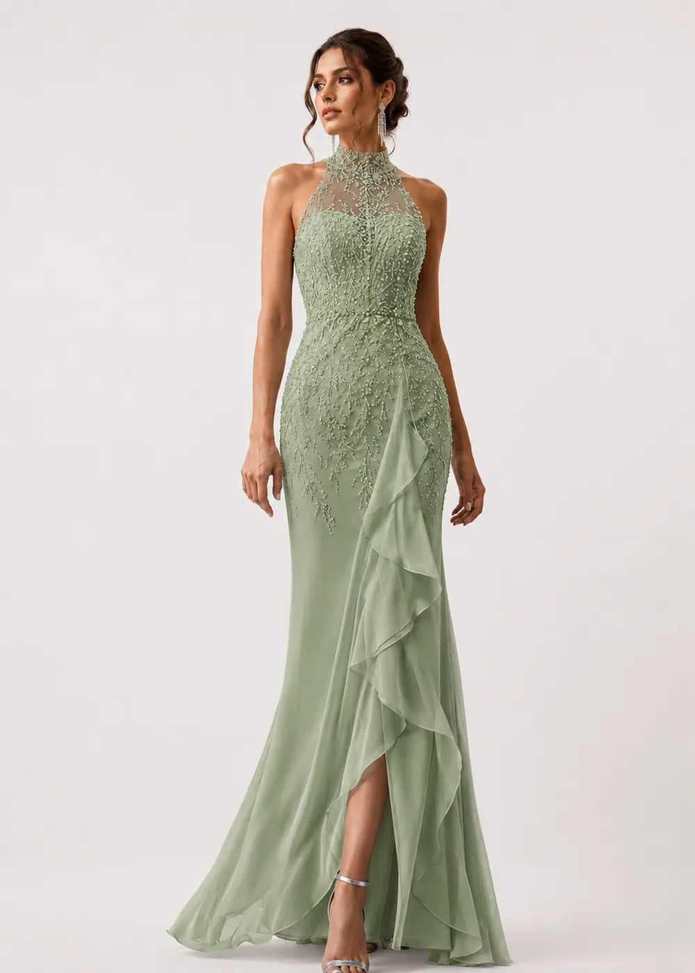 High-Neck Embellished Ruffle Formal Gown