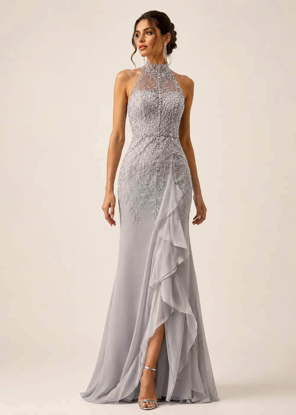 High-Neck Embellished Ruffle Formal Gown