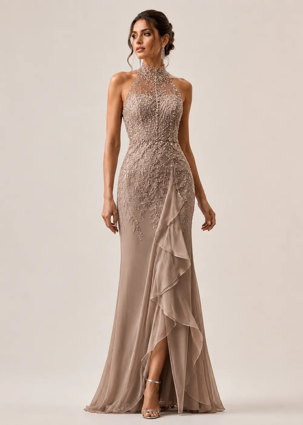 High-Neck Embellished Ruffle Formal Gown