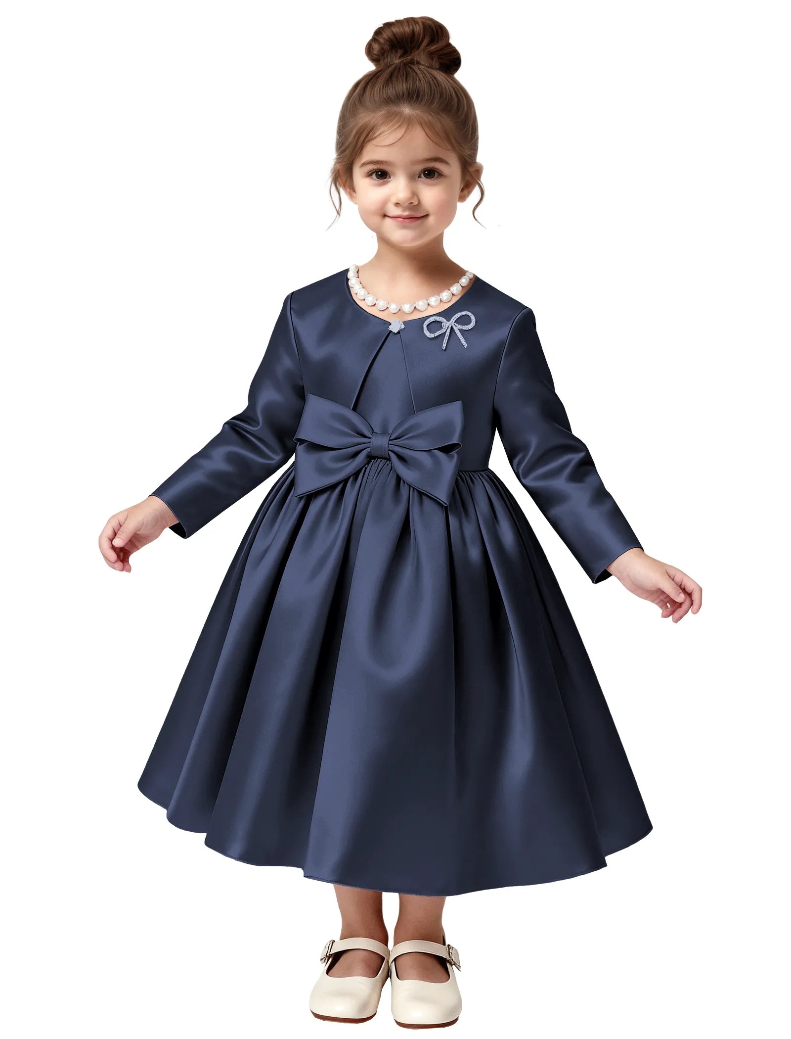 Elegant Satin Flower Girl Dress with Long Sleeves