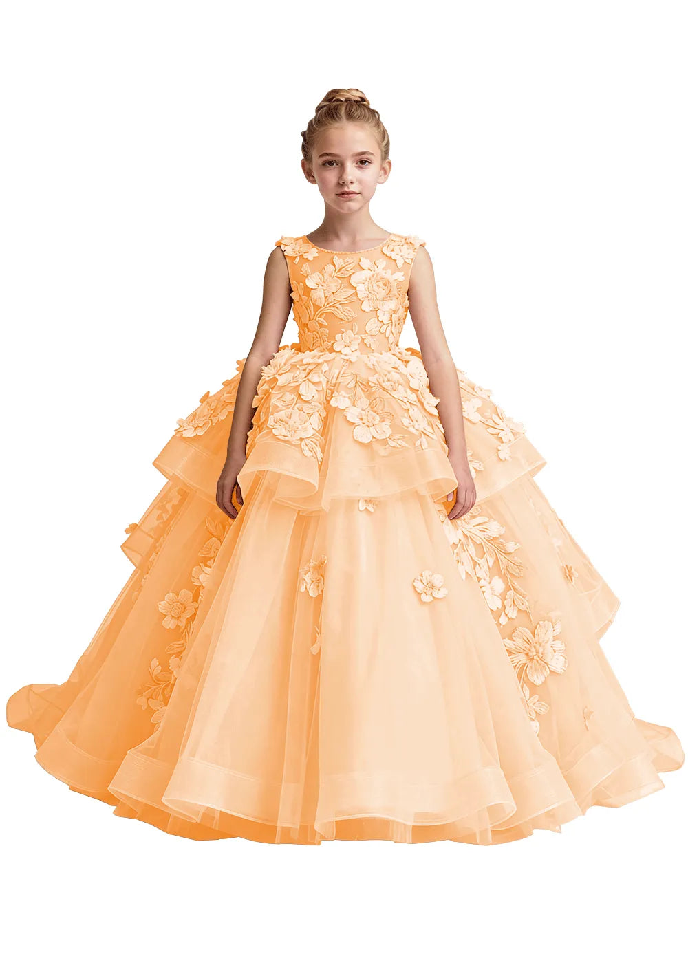 3D Floral Embroidery Girls Ball Gown Dress