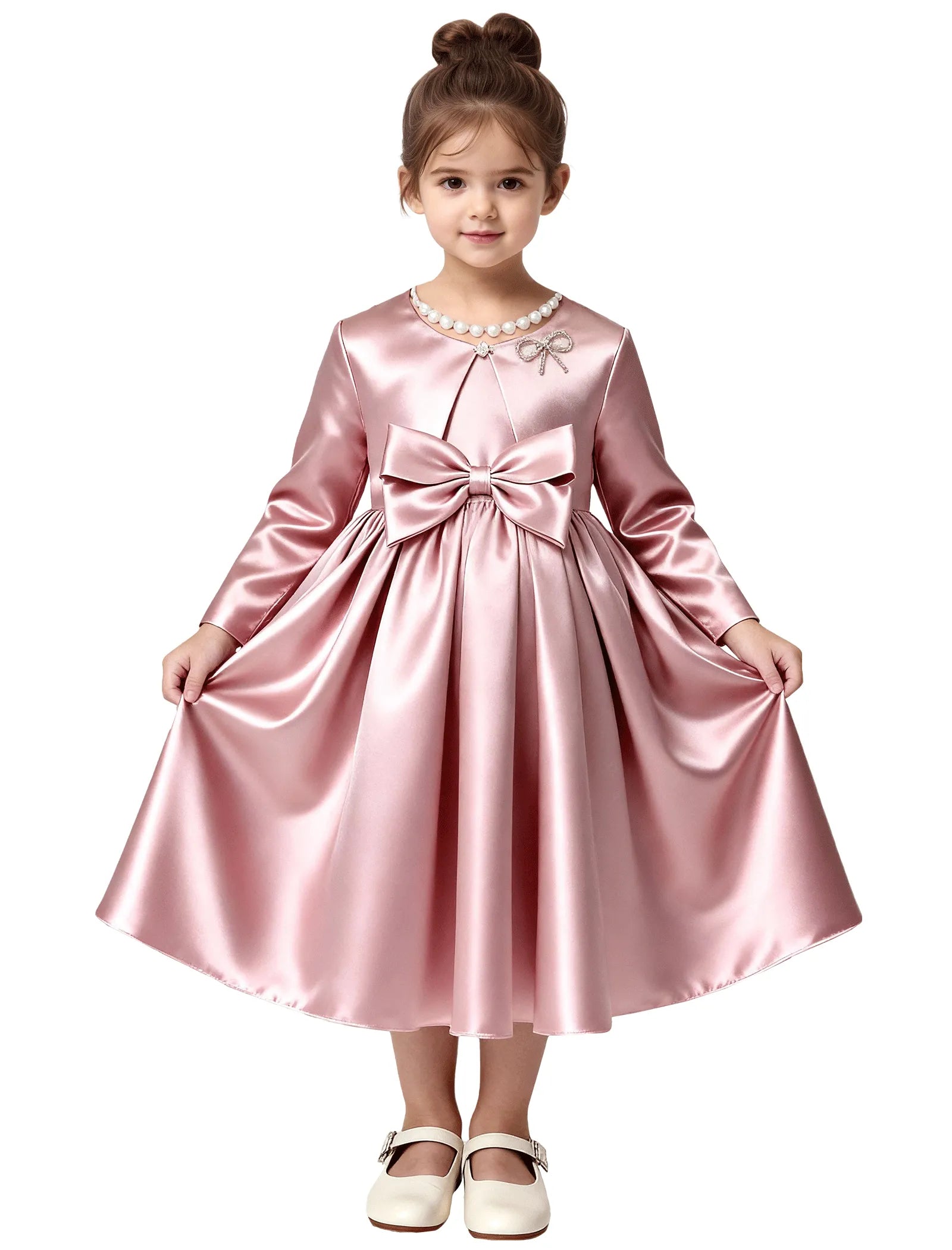 Elegant Satin Flower Girl Dress with Long Sleeves