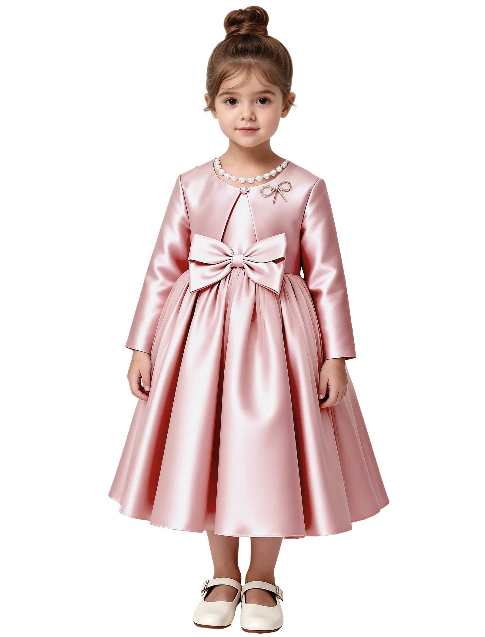 Elegant Satin Flower Girl Dress with Long Sleeves