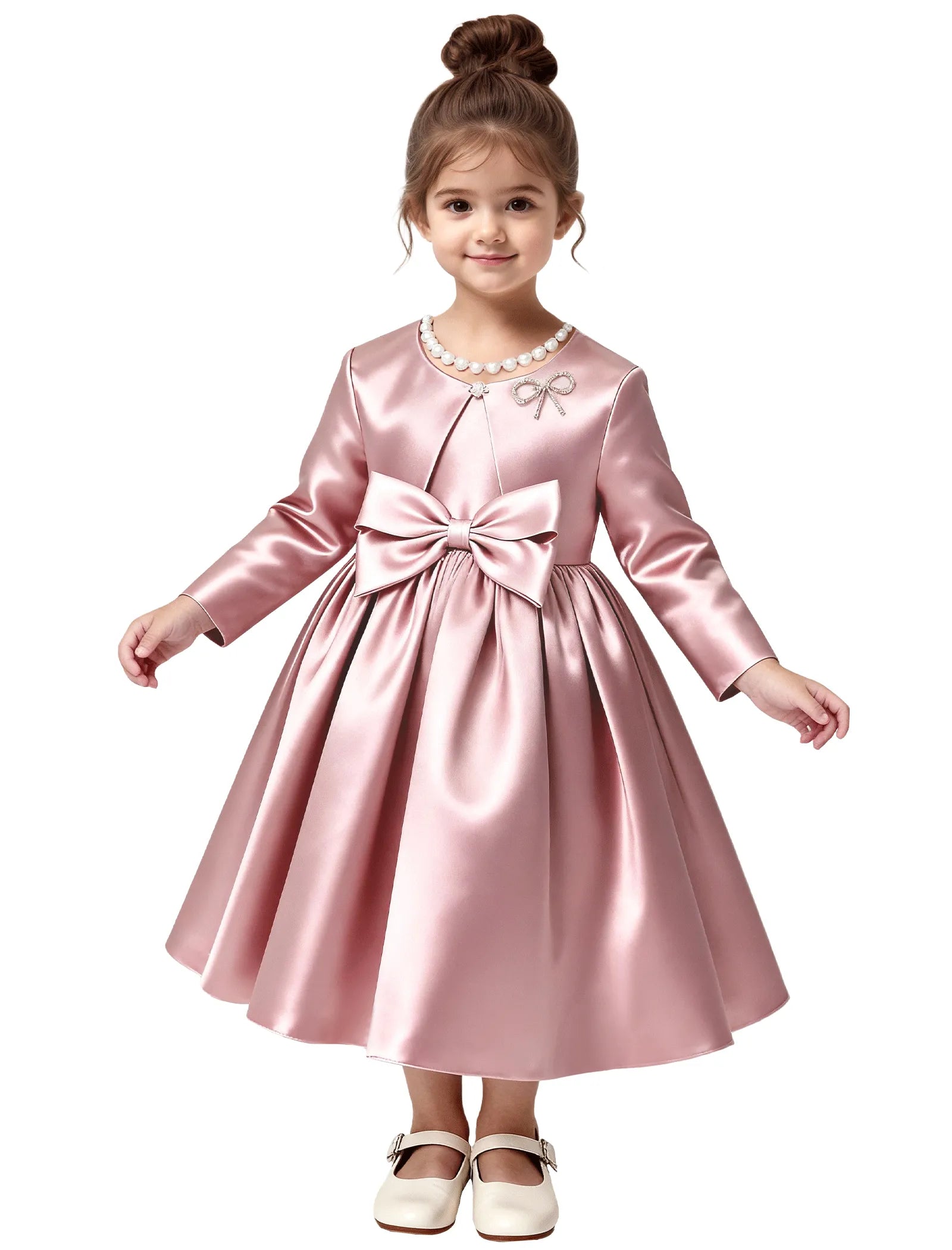 Elegant Satin Flower Girl Dress with Long Sleeves