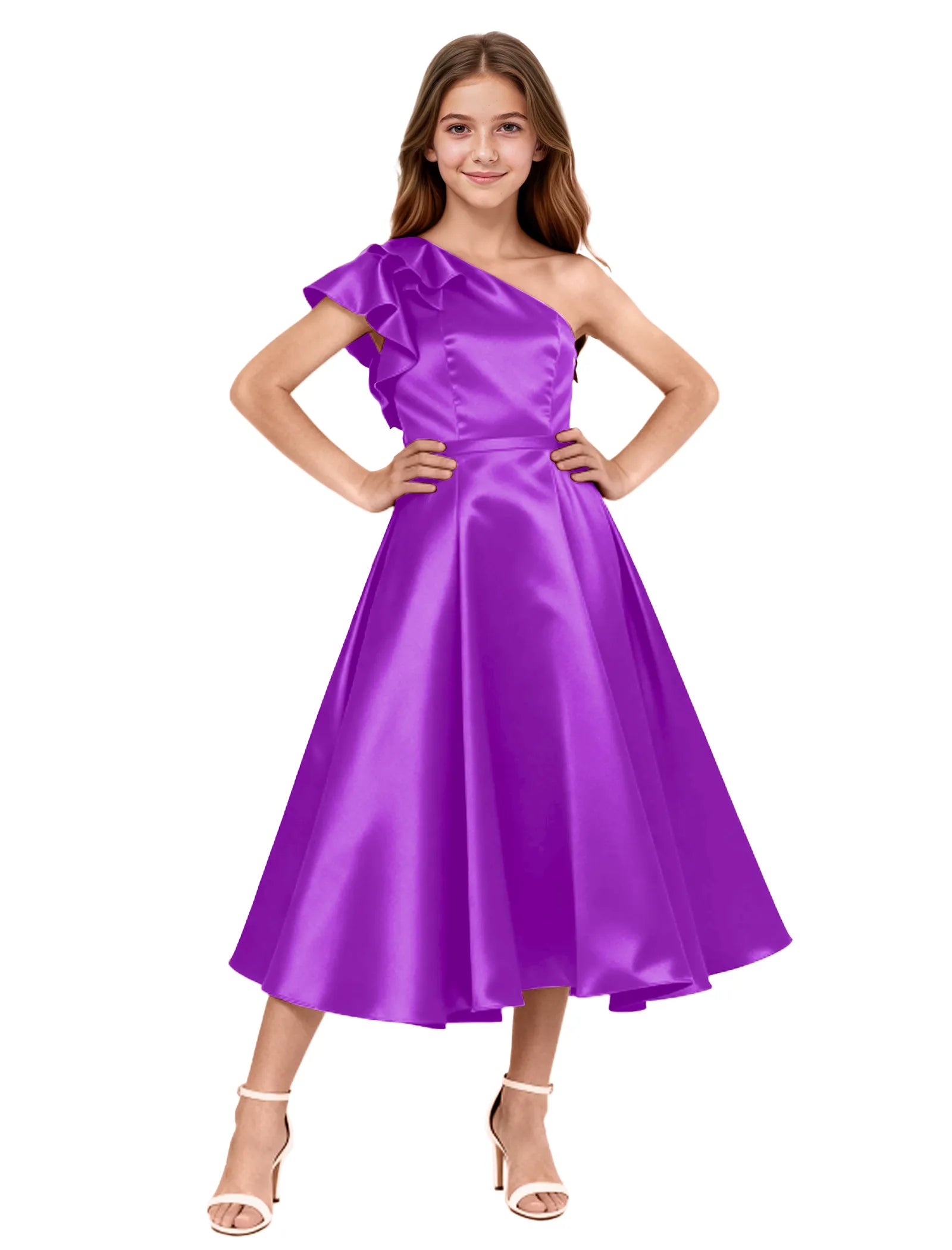 One Shoulder Satin Midi Dress for Girls Special Occasions