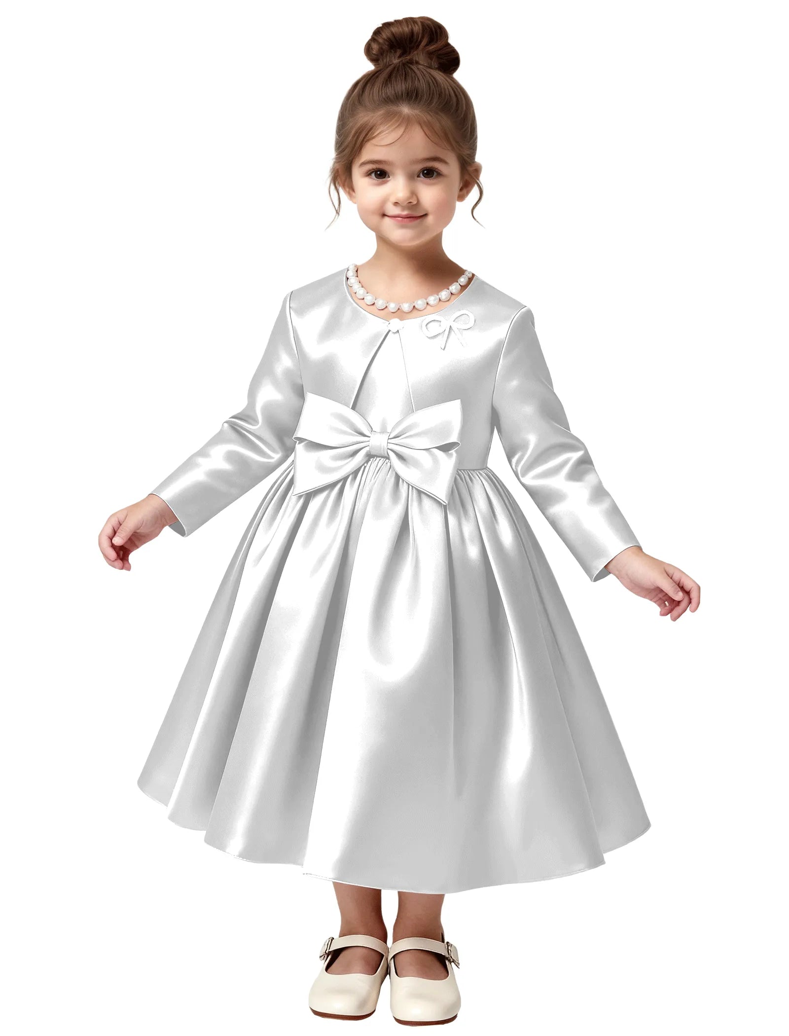 Elegant Satin Flower Girl Dress with Long Sleeves