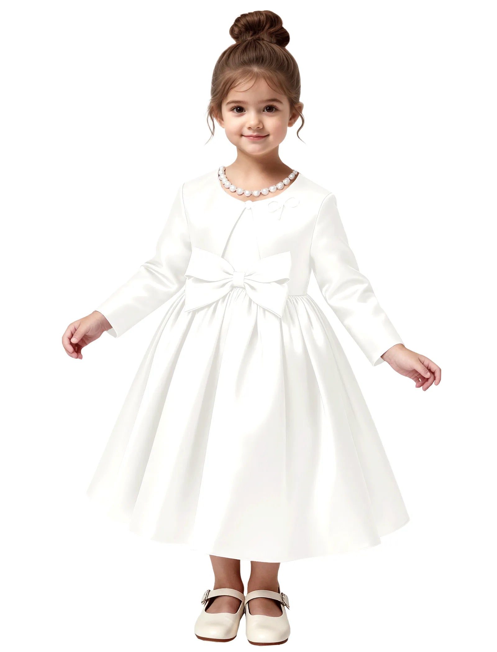 Elegant Satin Flower Girl Dress with Long Sleeves