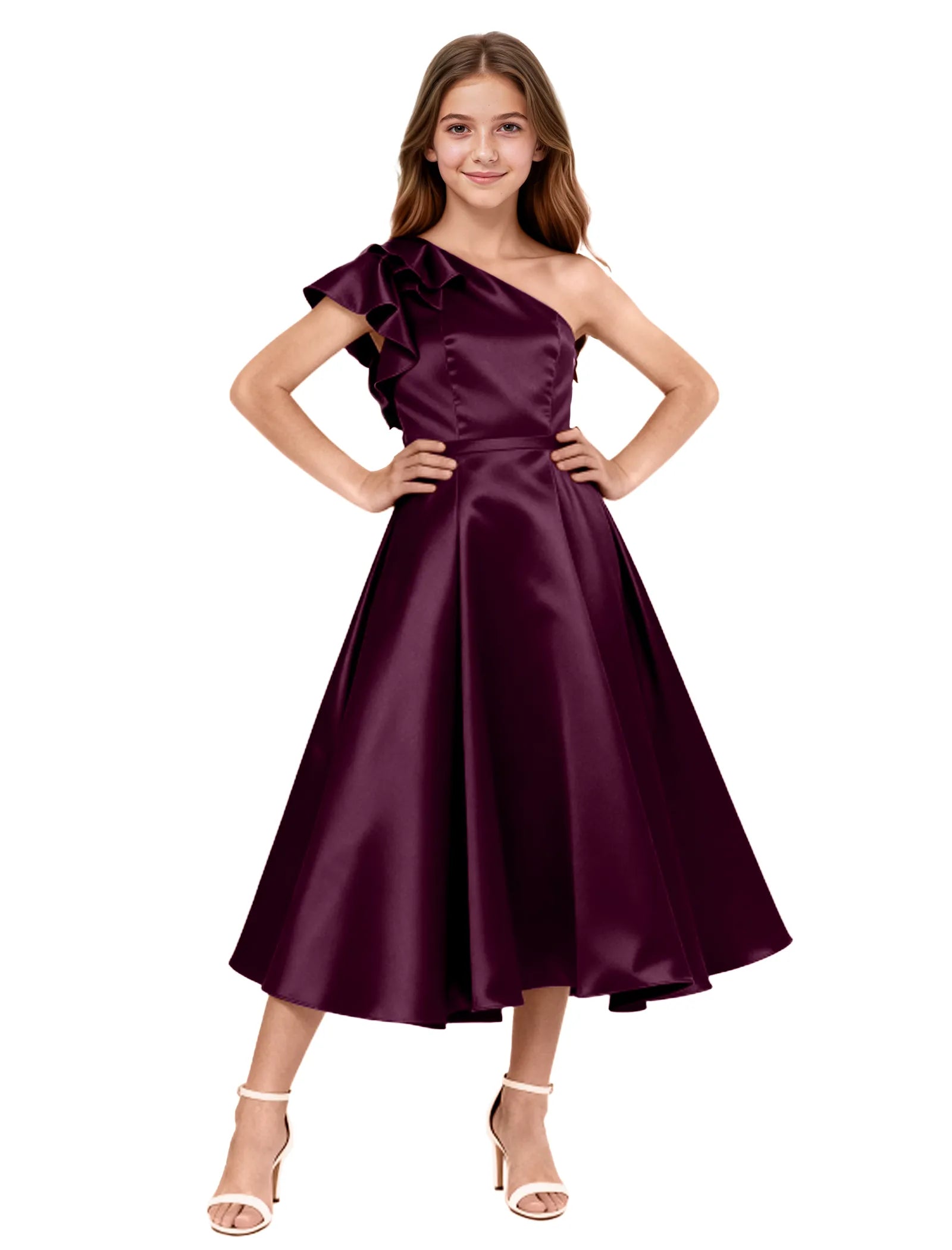 One Shoulder Satin Midi Dress for Girls Special Occasions