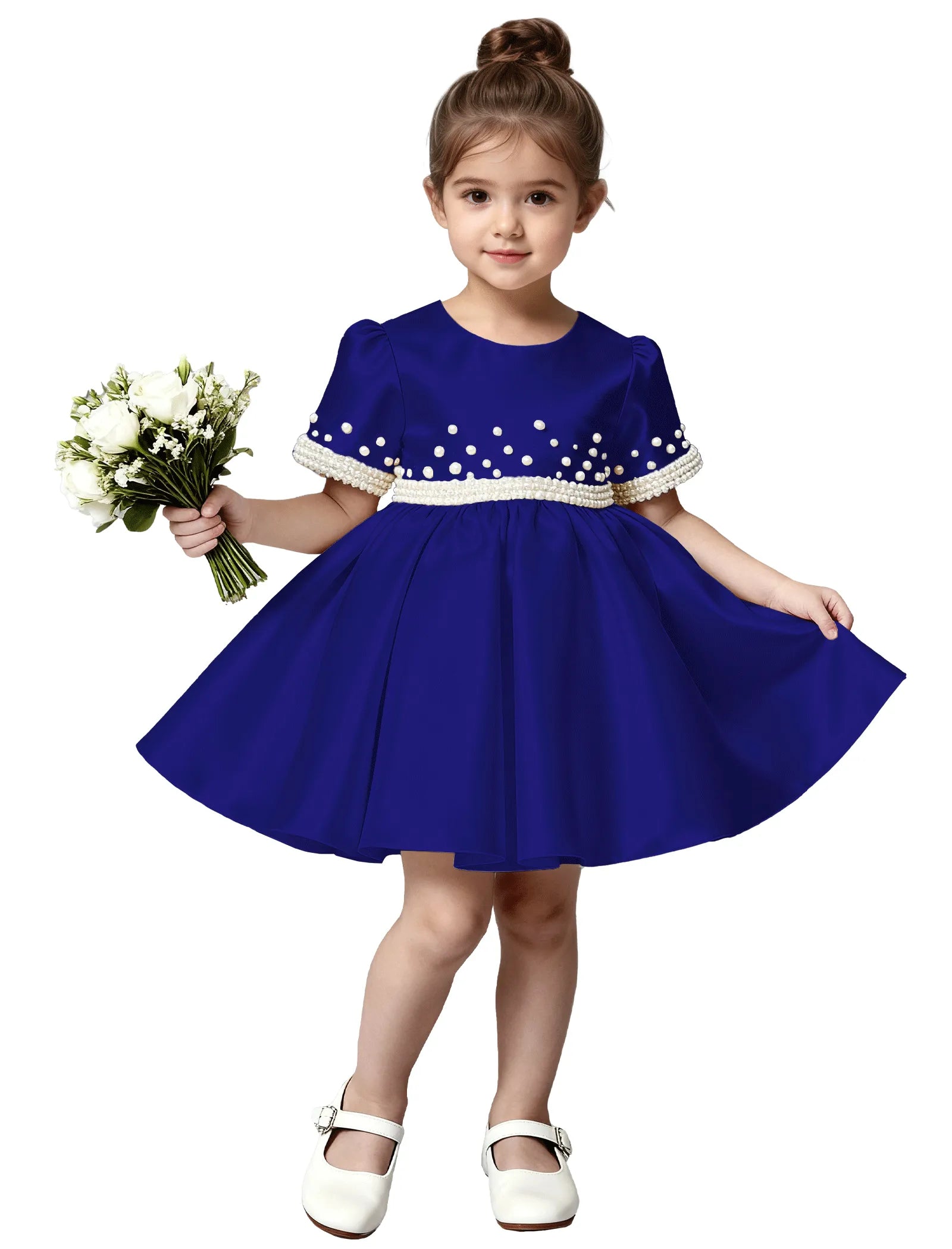 Girls Satin Flower Girl Dress with Pearl Sleeves and Bow