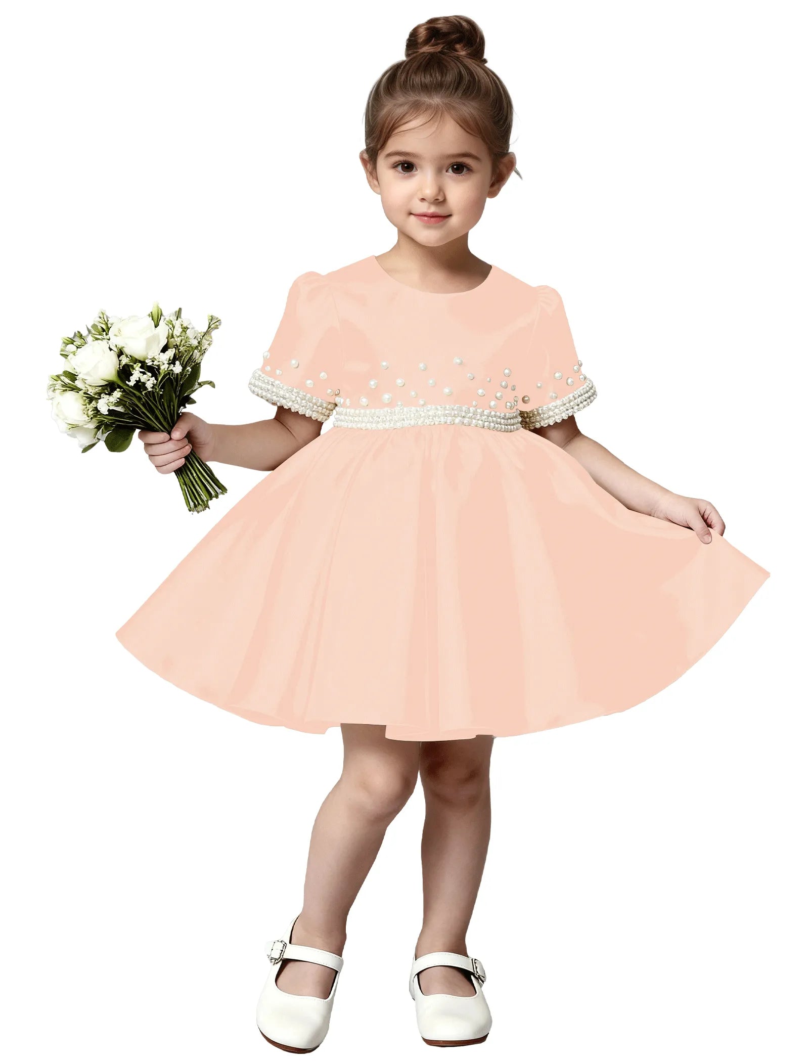 Girls Satin Flower Girl Dress with Pearl Sleeves and Bow