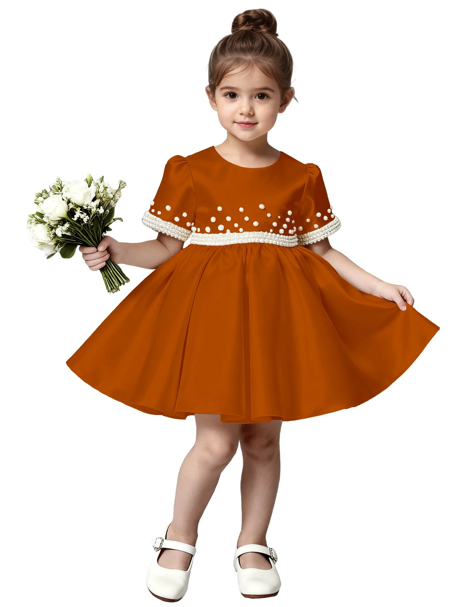 Girls Satin Flower Girl Dress with Pearl Sleeves and Bow