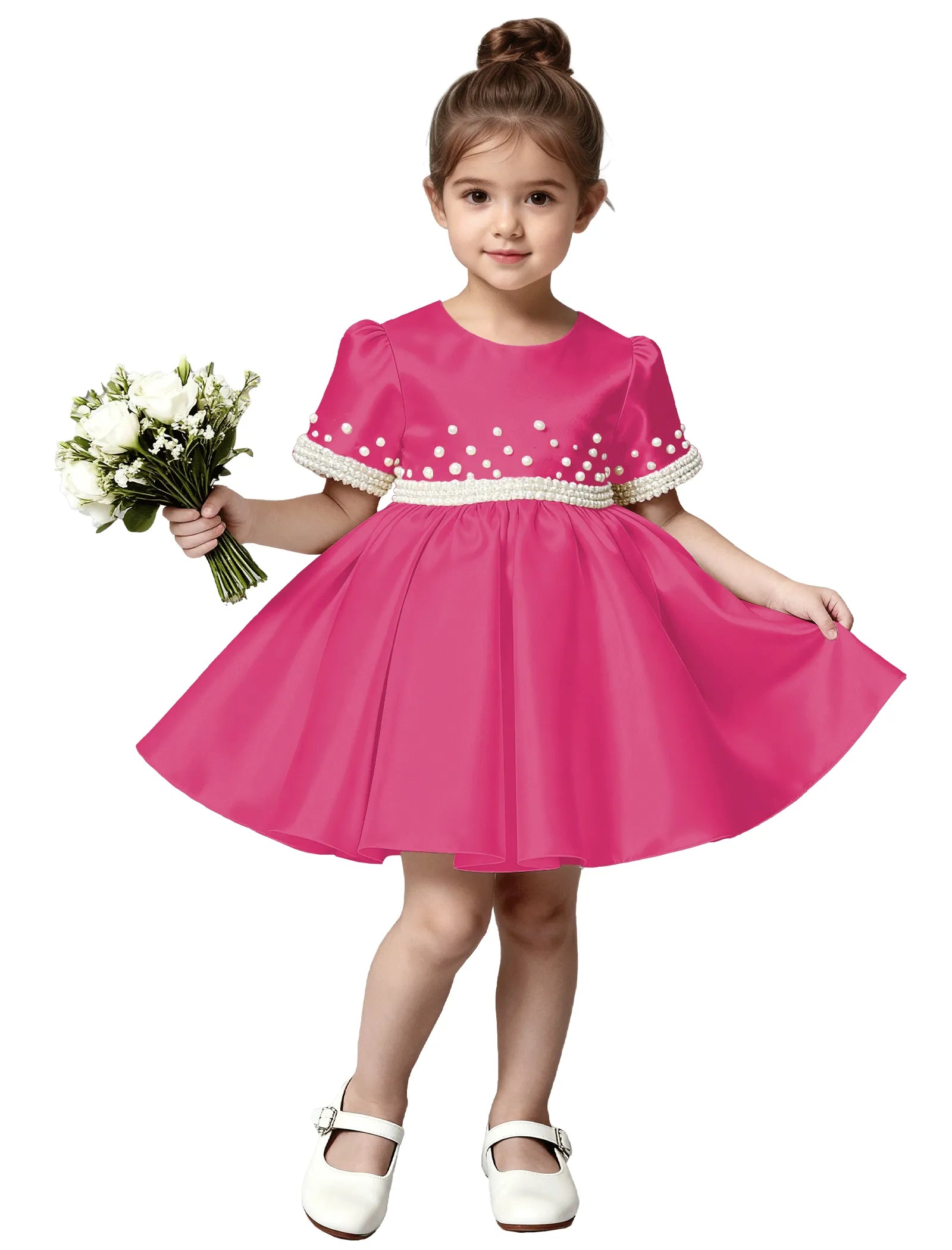 Girls Satin Flower Girl Dress with Pearl Sleeves and Bow