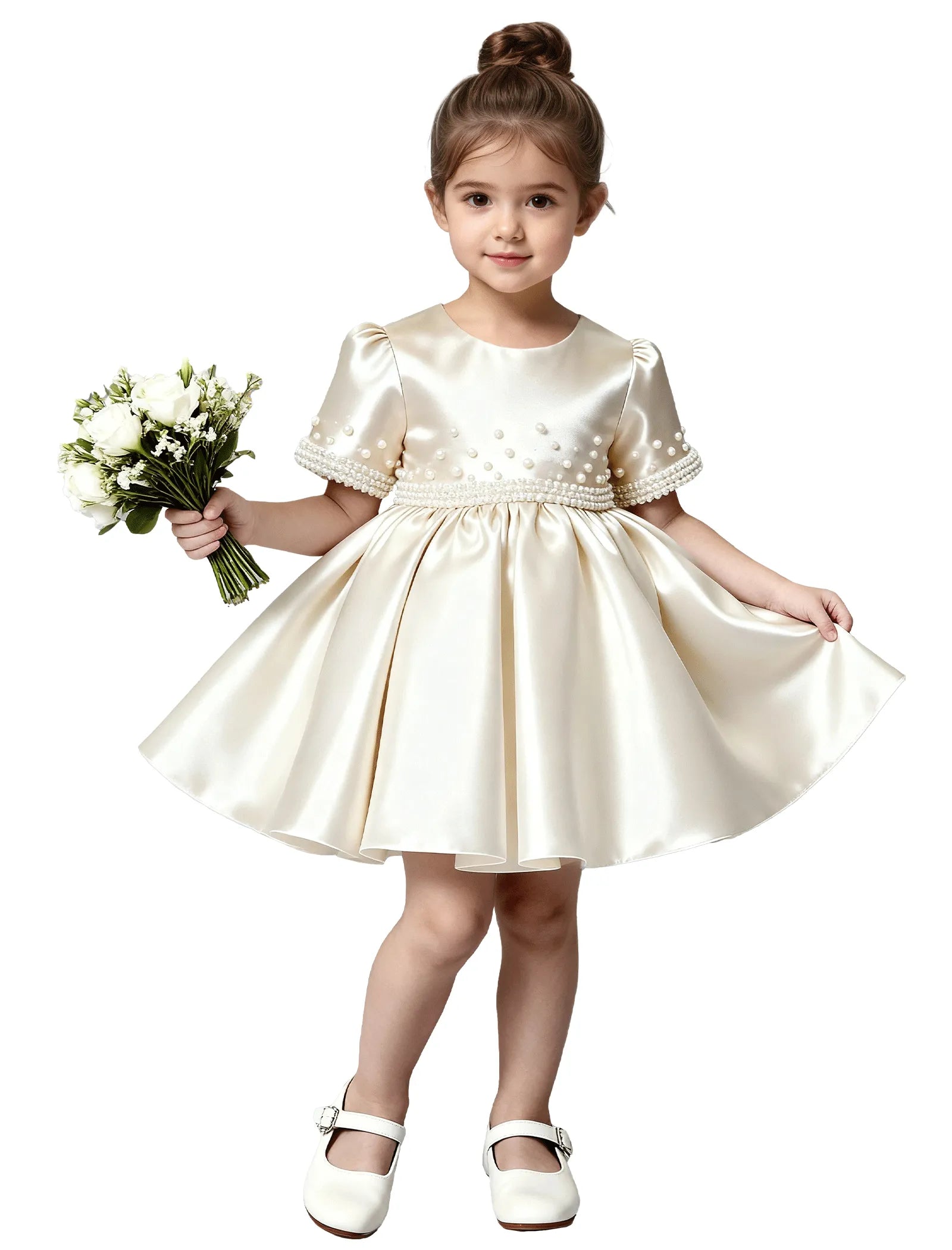 Girls Satin Flower Girl Dress with Pearl Sleeves and Bow