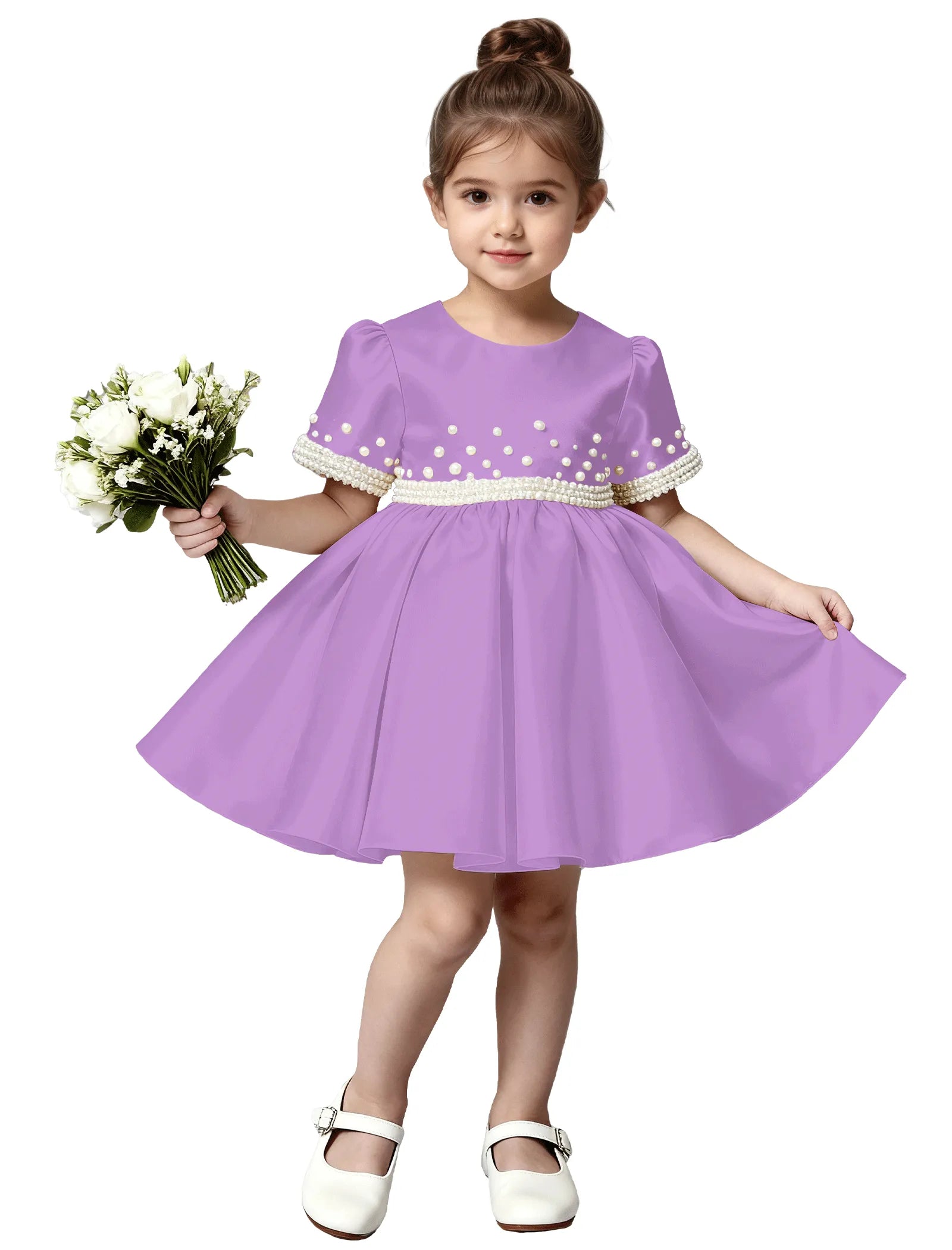Girls Satin Flower Girl Dress with Pearl Sleeves and Bow