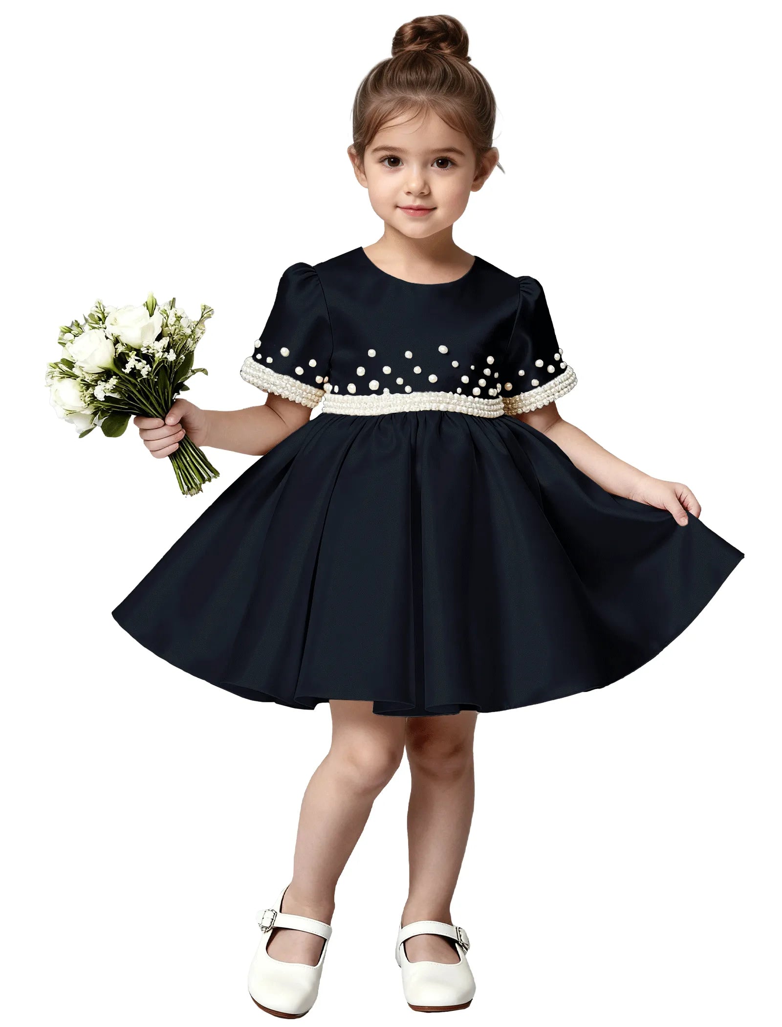 Girls Satin Flower Girl Dress with Pearl Sleeves and Bow