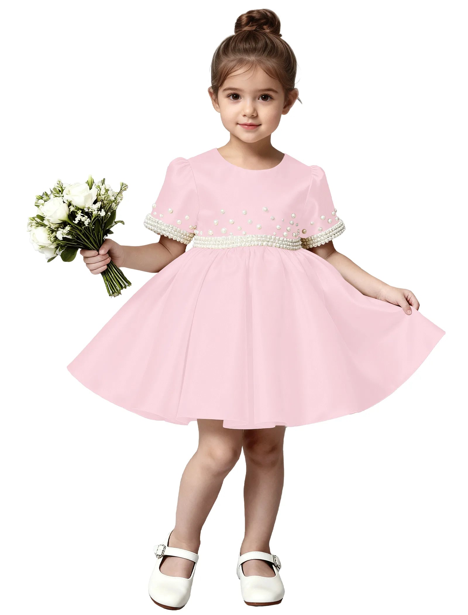 Girls Satin Flower Girl Dress with Pearl Sleeves and Bow