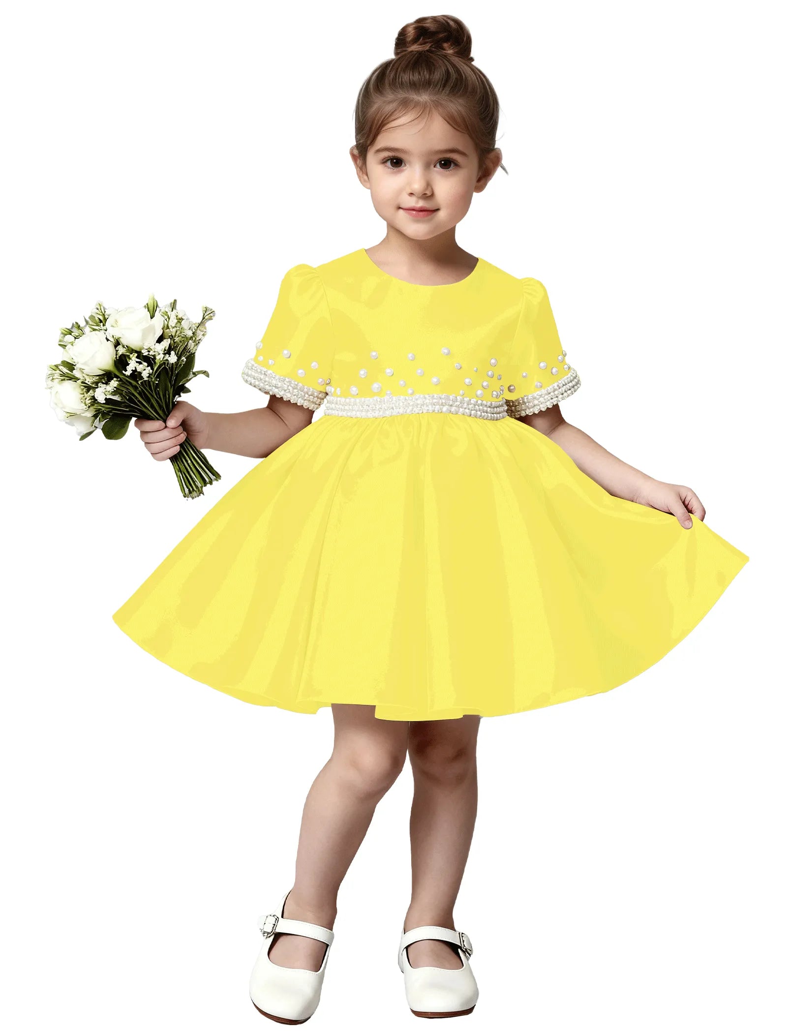 Girls Satin Flower Girl Dress with Pearl Sleeves and Bow