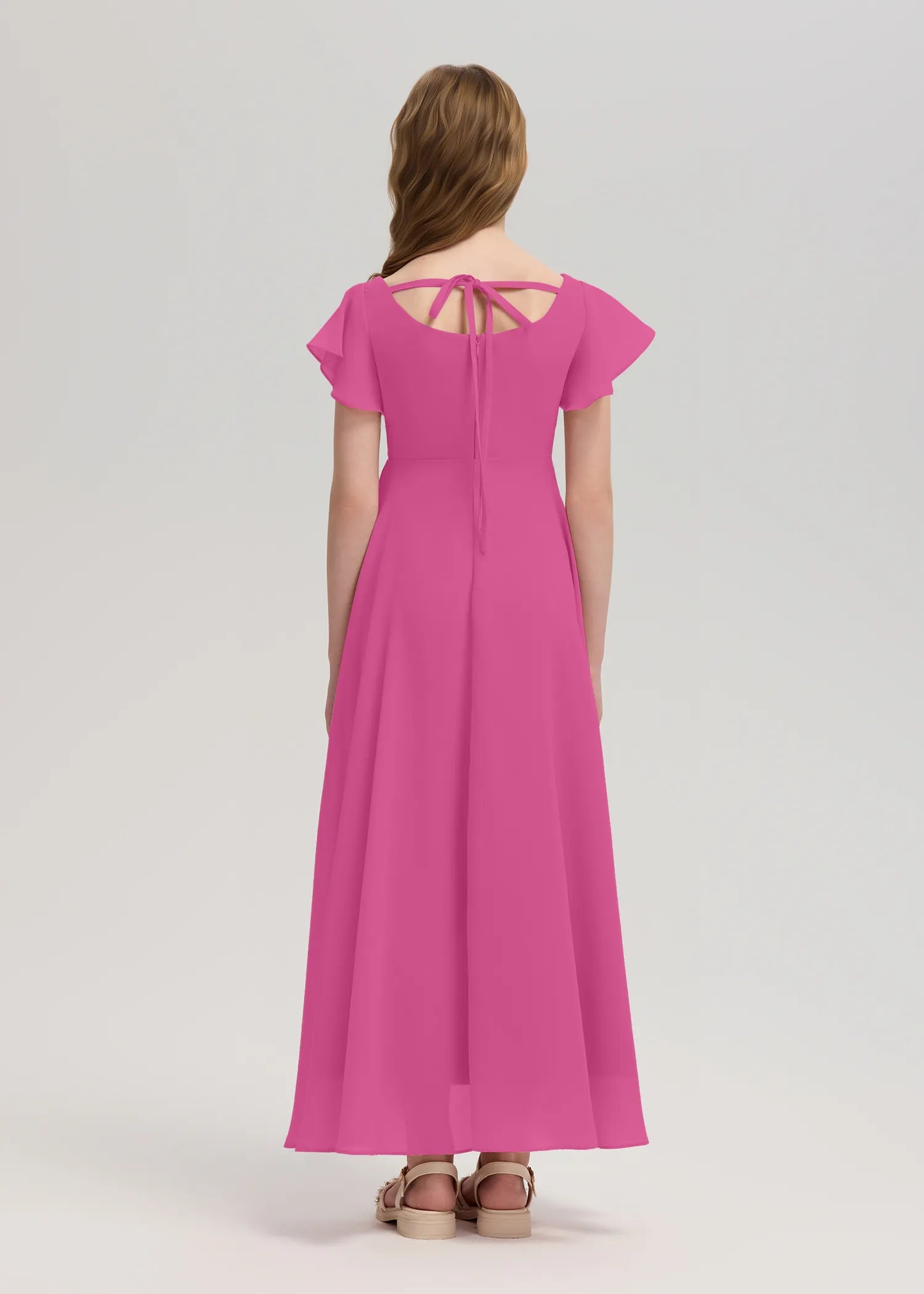 Square Neck Flutter Sleeve Chiffon Dress-[Pink]