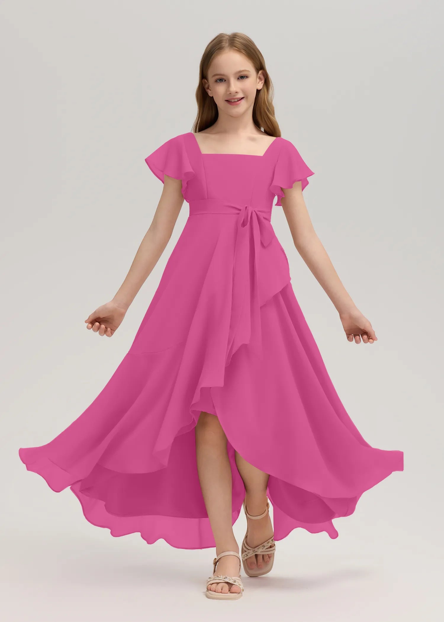 Square Neck Flutter Sleeve Chiffon Dress-[Pink]
