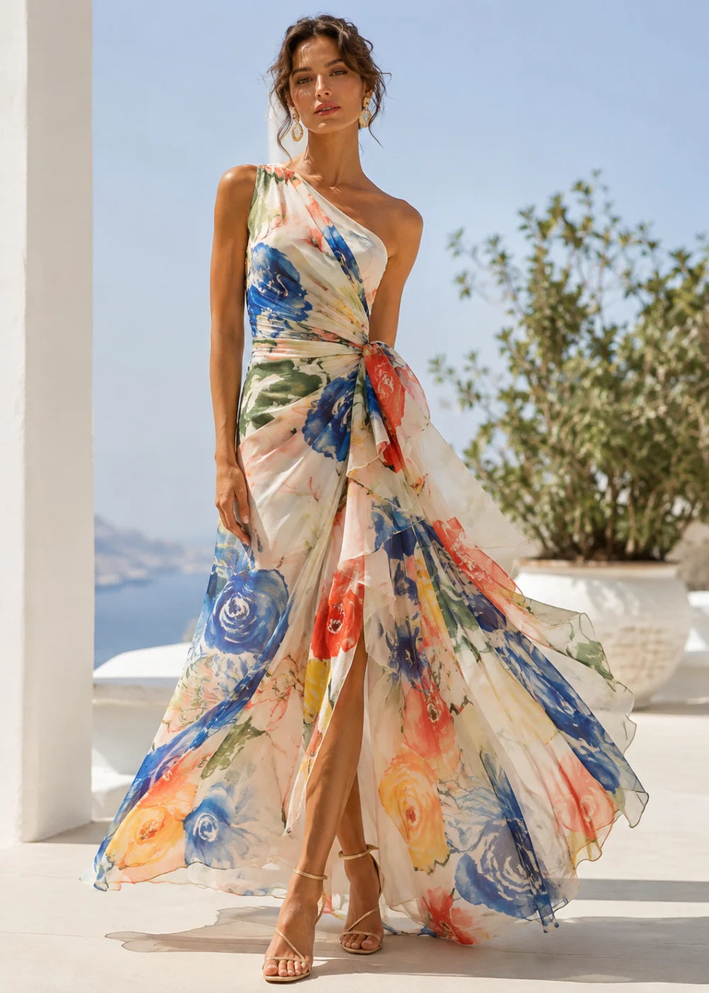 Ivory Abstract Floral One-Shoulder Chiffon Maxi Dress