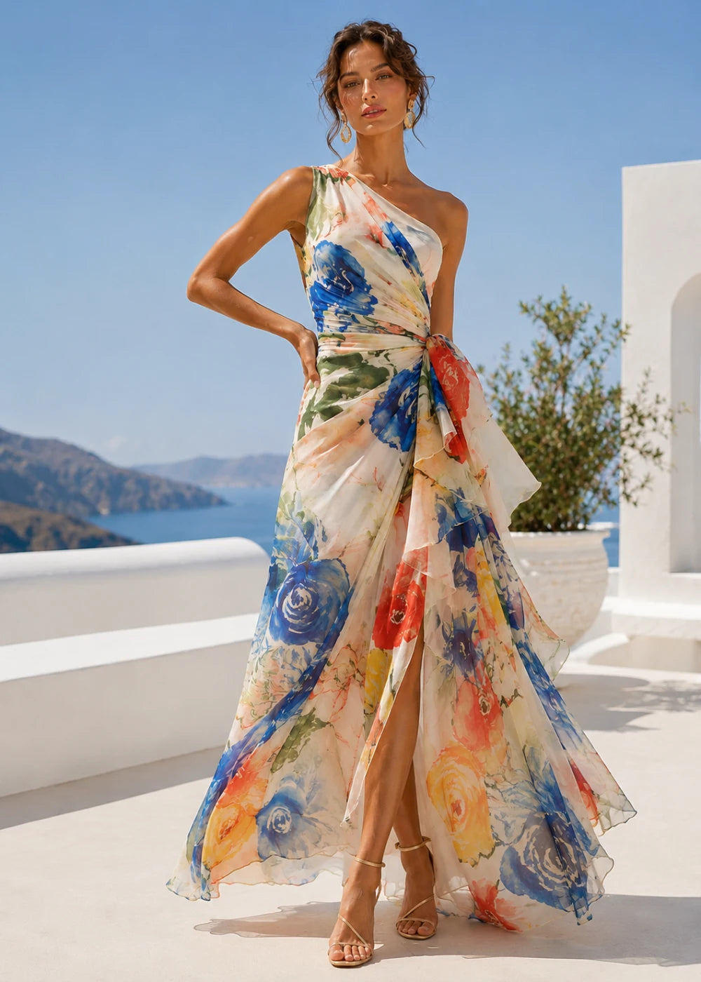 Ivory Abstract Floral One-Shoulder Chiffon Maxi Dress
