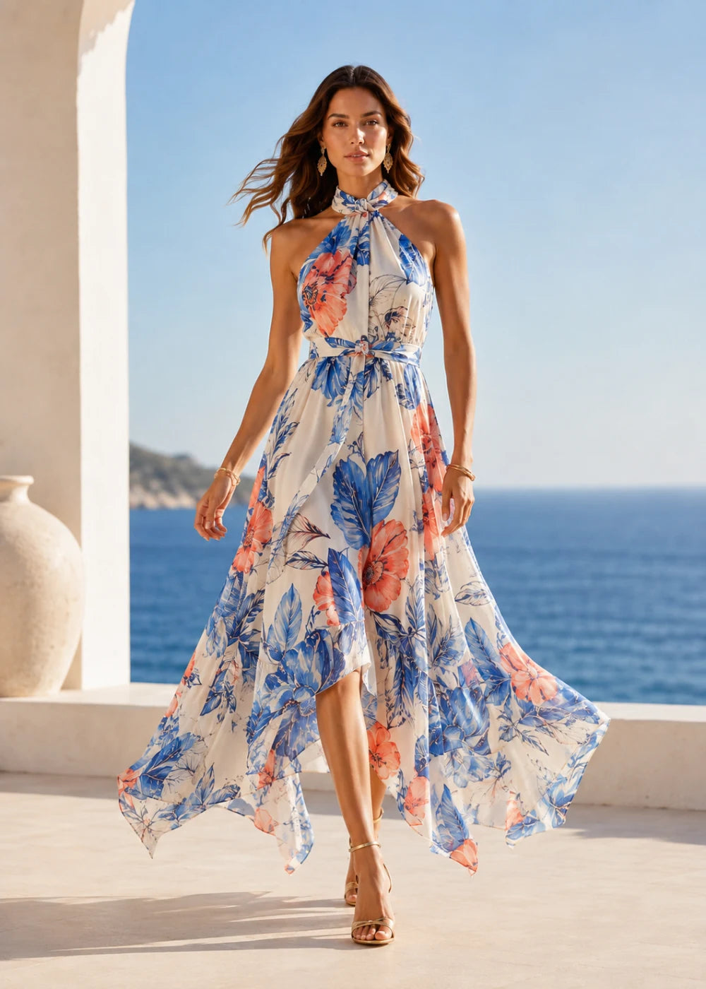 Ivory Blue Coral Floral Halter High-Low Chiffon Dress