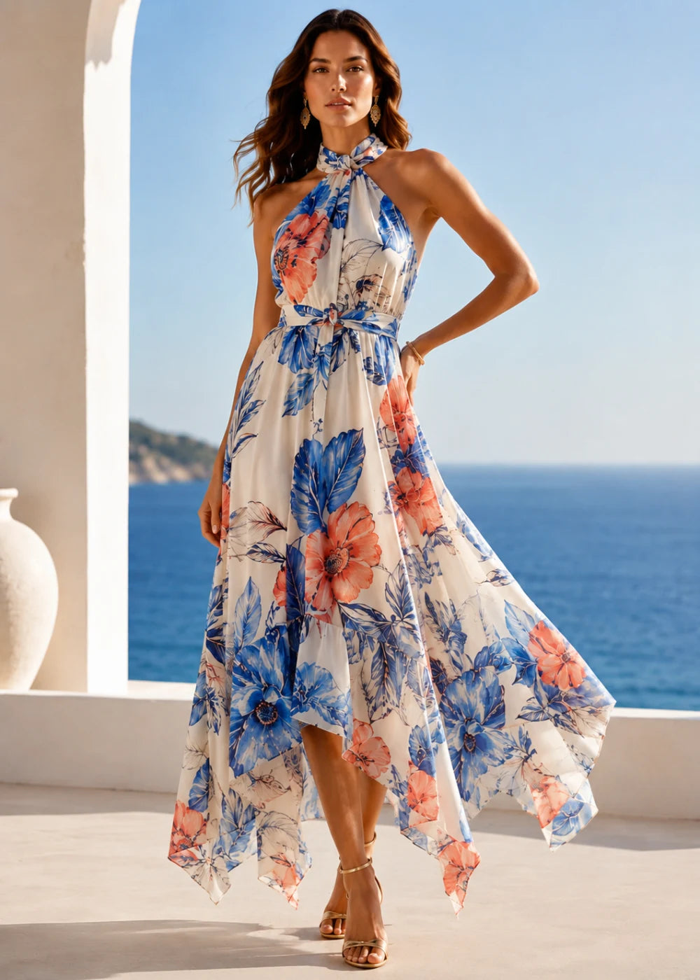 Ivory Blue Coral Floral Halter High-Low Chiffon Dress