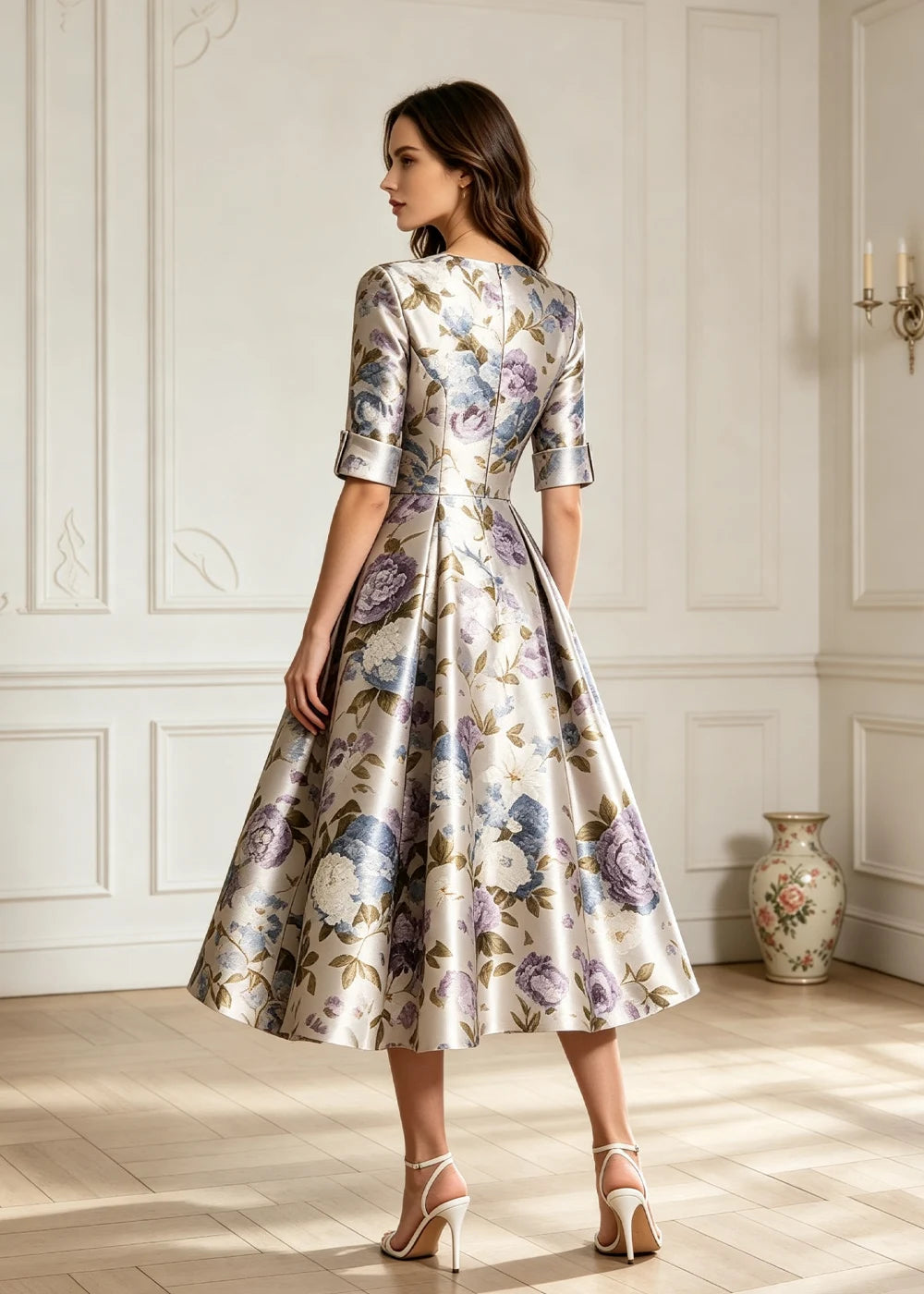Ivory Floral Notched V-Neck Satin Midi Dress