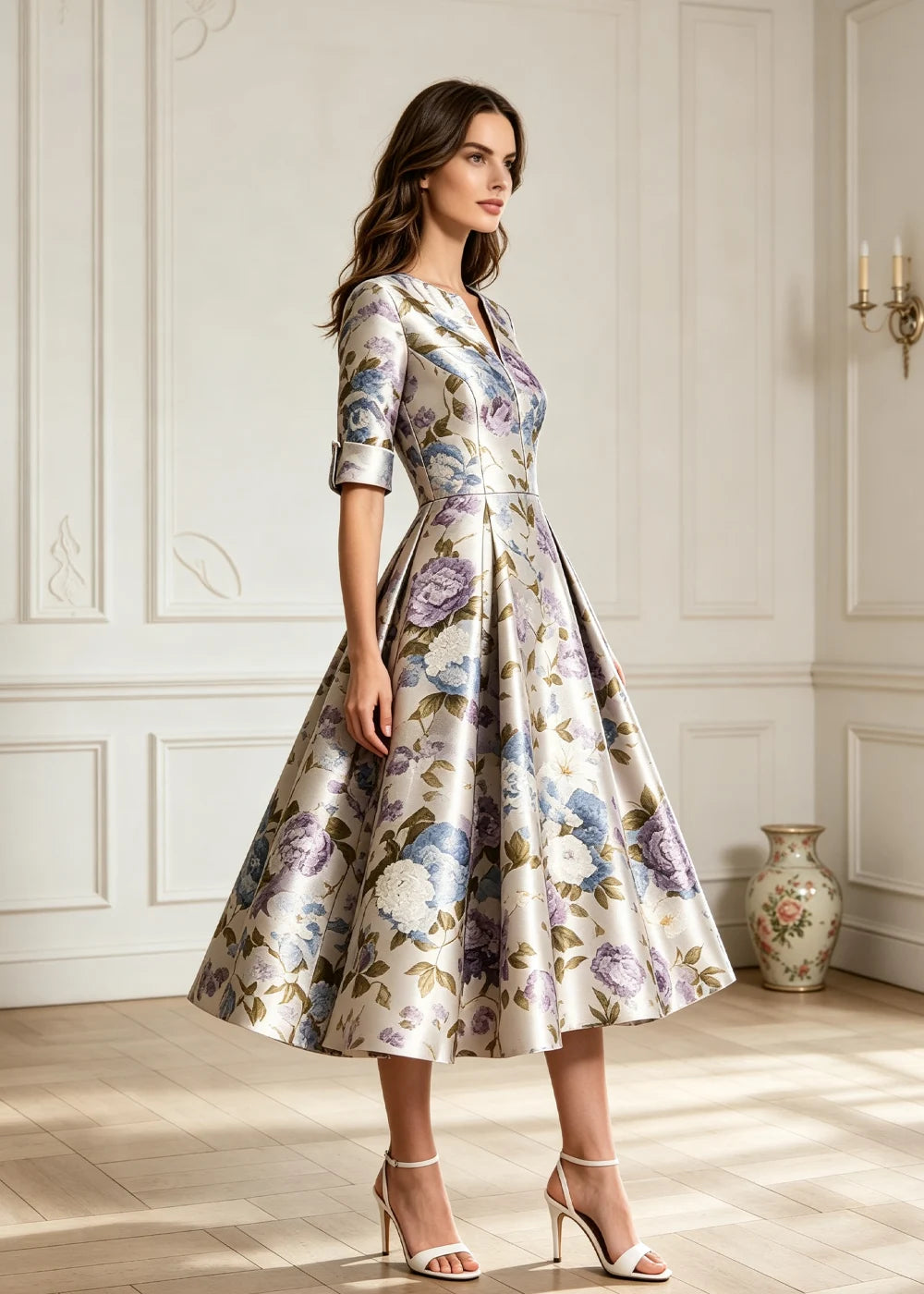 Ivory Floral Notched V-Neck Satin Midi Dress