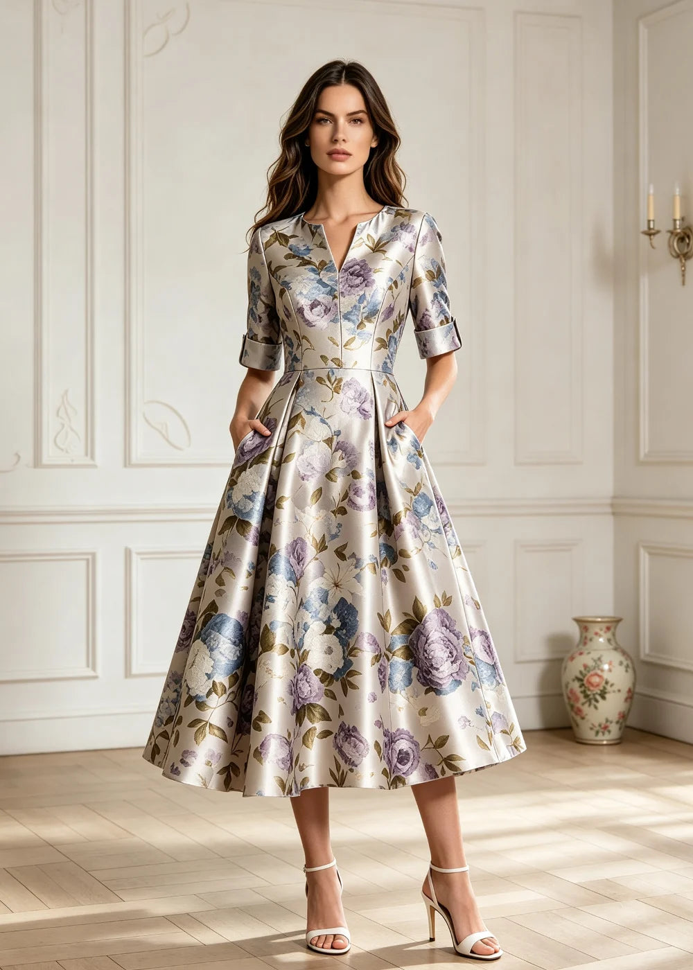 Ivory Floral Notched V-Neck Satin Midi Dress