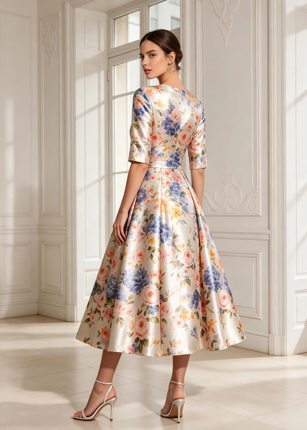 Ivory Floral V-Neck Satin A-Line Midi Dress
