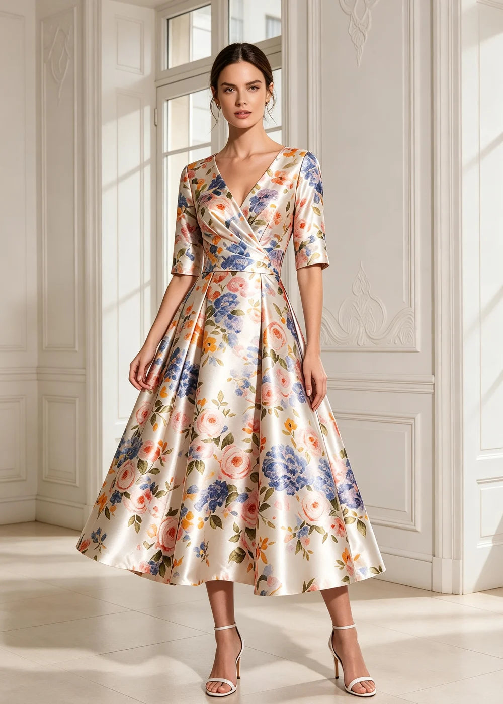 Ivory Floral V-Neck Satin A-Line Midi Dress