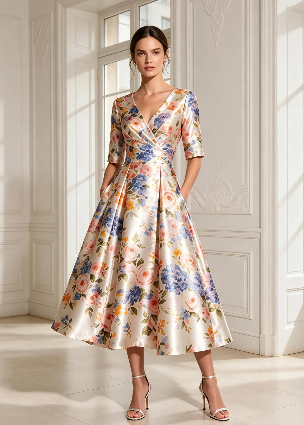 Ivory Floral V-Neck Satin A-Line Midi Dress
