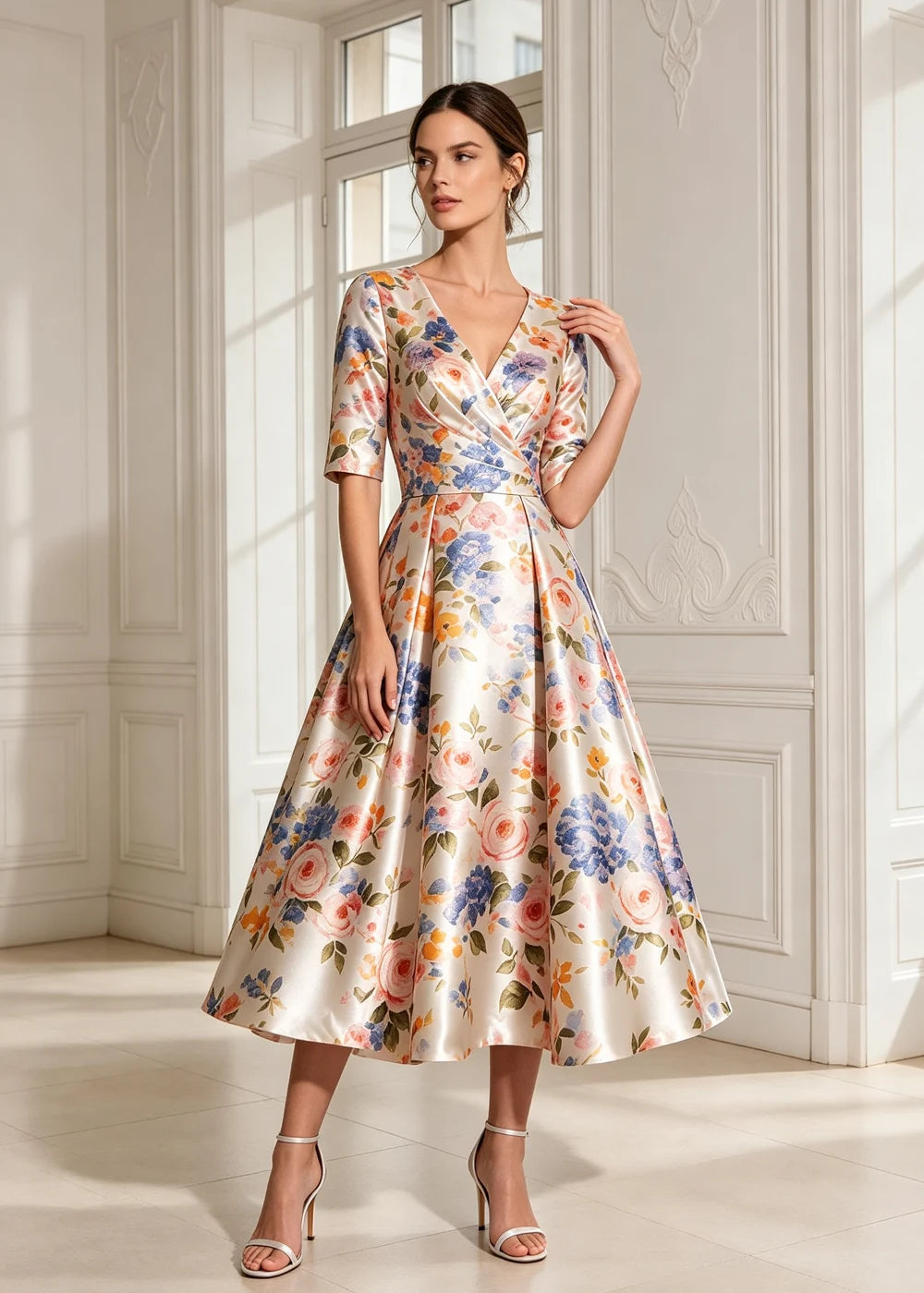 Ivory Floral V-Neck Satin A-Line Midi Dress