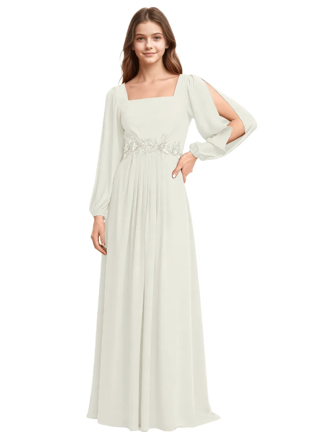 Embellished Square Neck Chiffon Bridesmaid Gown