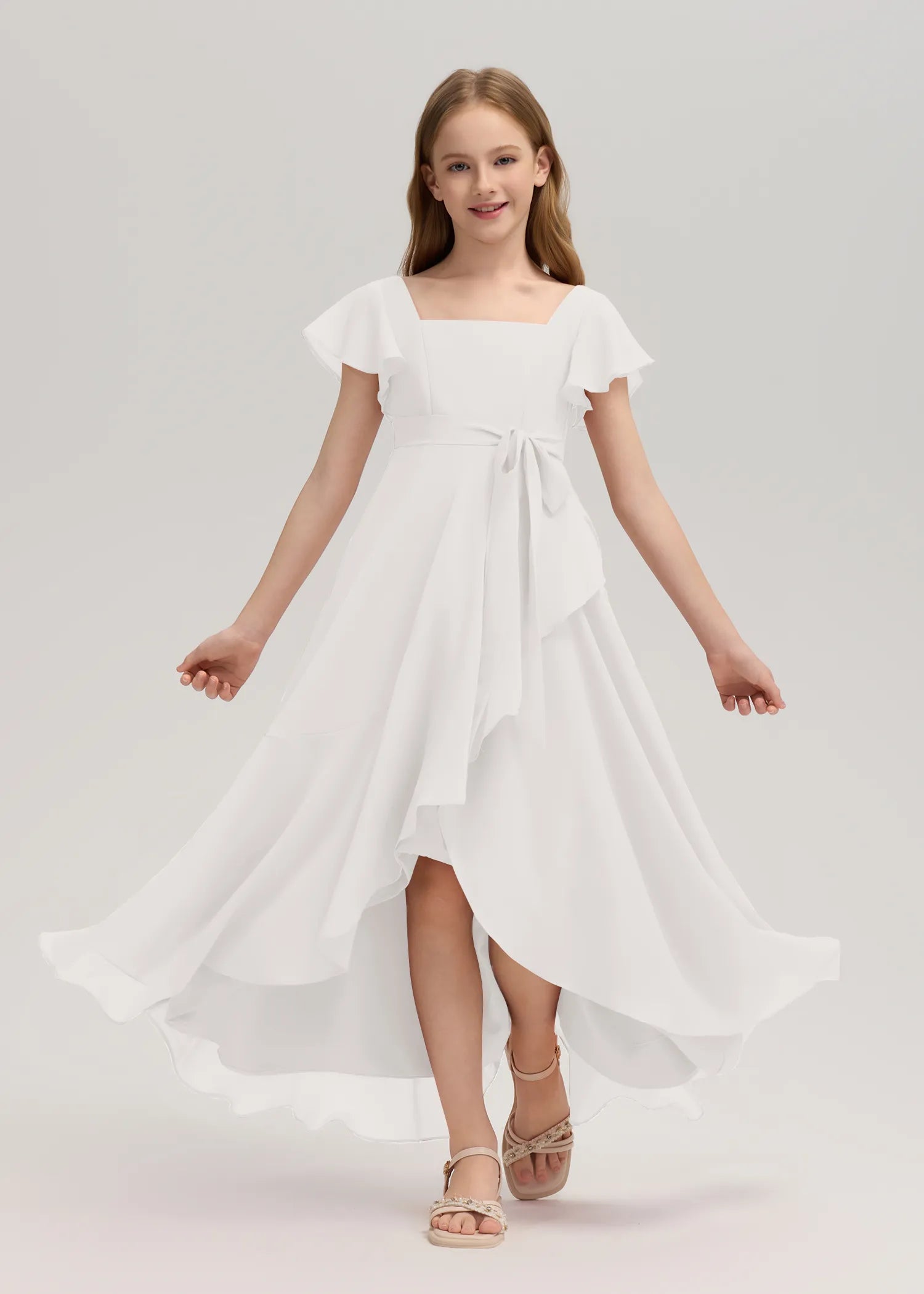 Square Neck Flutter Sleeve Chiffon Dress -[Black&White]
