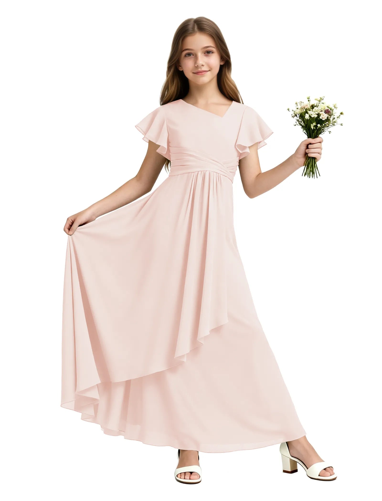 Girls Flutter Sleeve Asymmetrical Maxi Dress